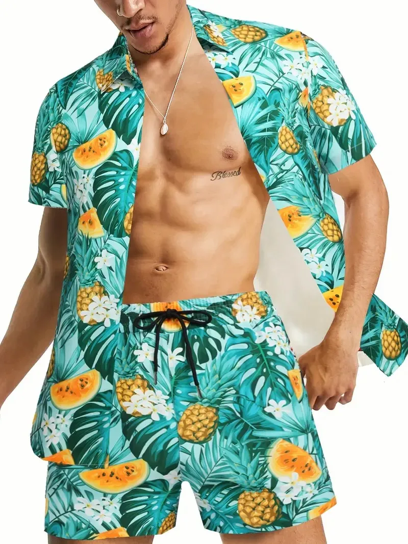 Conjuntos de camisa de praia manga curta masculina, conjuntos casuais de férias, camisetas estampadas moda verão