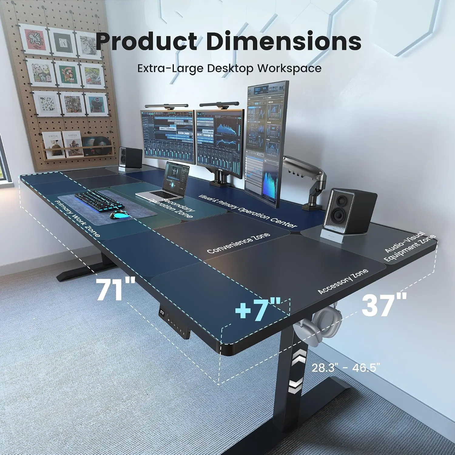 Electric Standing Desk Dual-Beam Cable Management Memory Height Adjustable Home Office 71x37