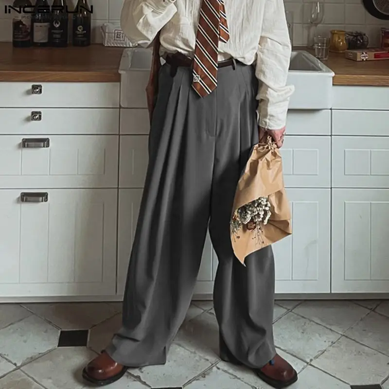 INCERUN 2024 Korean Style Trousers New Men Solid Color Long Pants Fashionable Casual Male Floor Mop Straight Leg Pantalons S-5XL