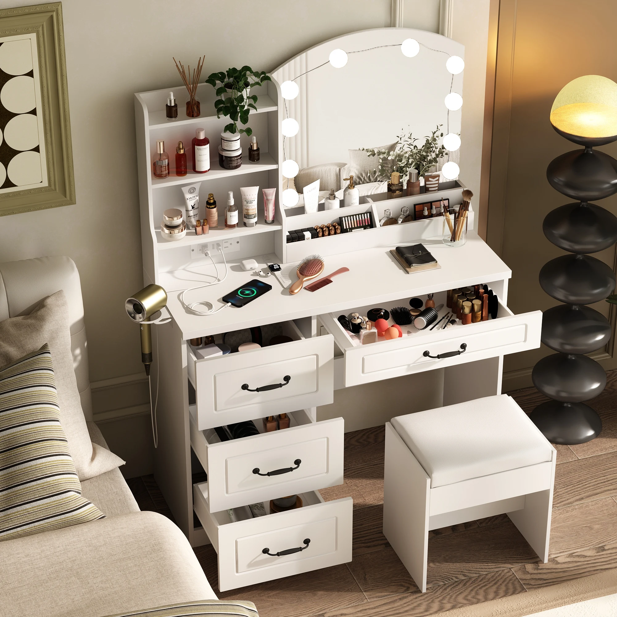 Vabches Tocador con espejo y luces para maquillaje, escritorio con estación de carga y 4 cajones de almacenamiento, juego de tocador blanco para dormitorio