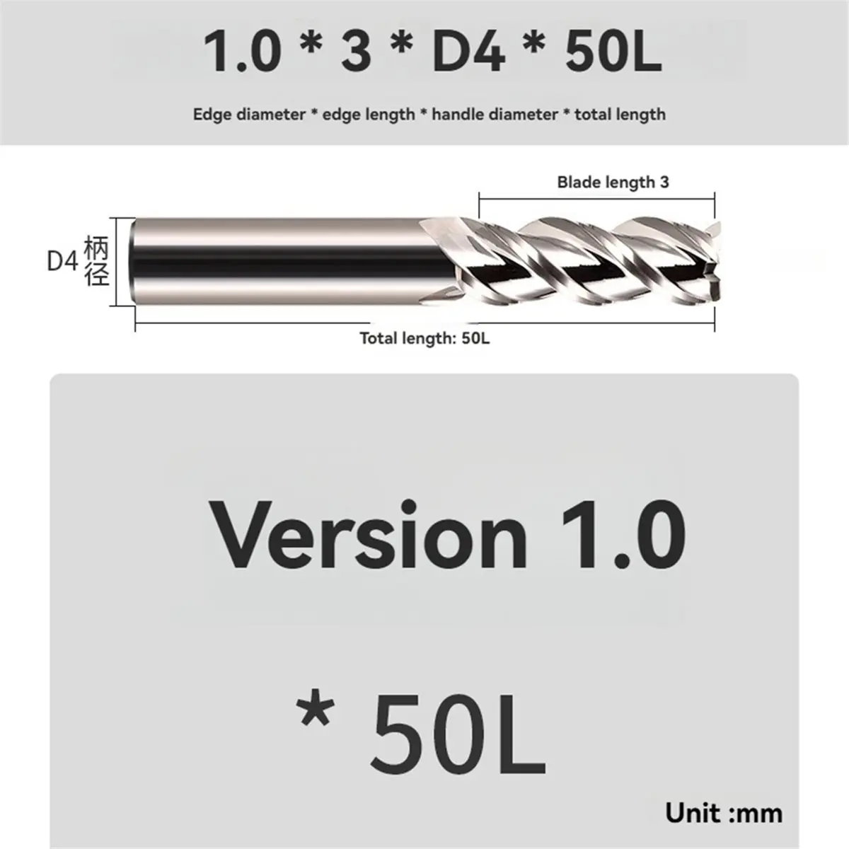 Multi-use Gear 1.0mm 3-Flute Carbide End Mill for Aluminum, 1.0x3x4x50mm, HRC55 Carbide Milling Cutter, HRC55, Cutting Tool