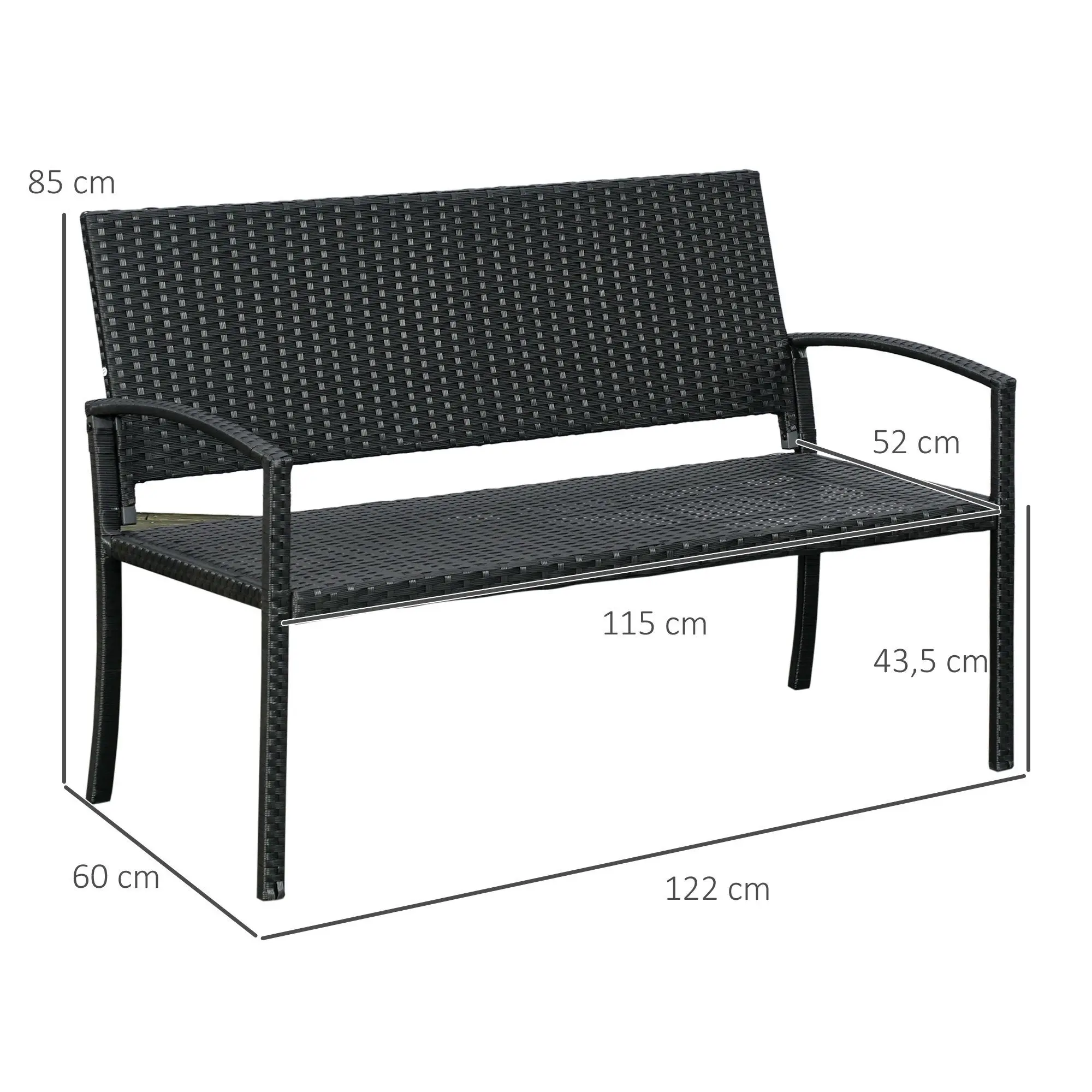 Silla de banco Loveseat al aire libre para porche exterior, estructura de metal, negro, mimbre marrón para todo tipo de clima
