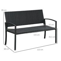 Outdoor Loveseat Bench Chair for Outside Patio Porch, Metal Frame, Black,Brawn All Weather Wicker