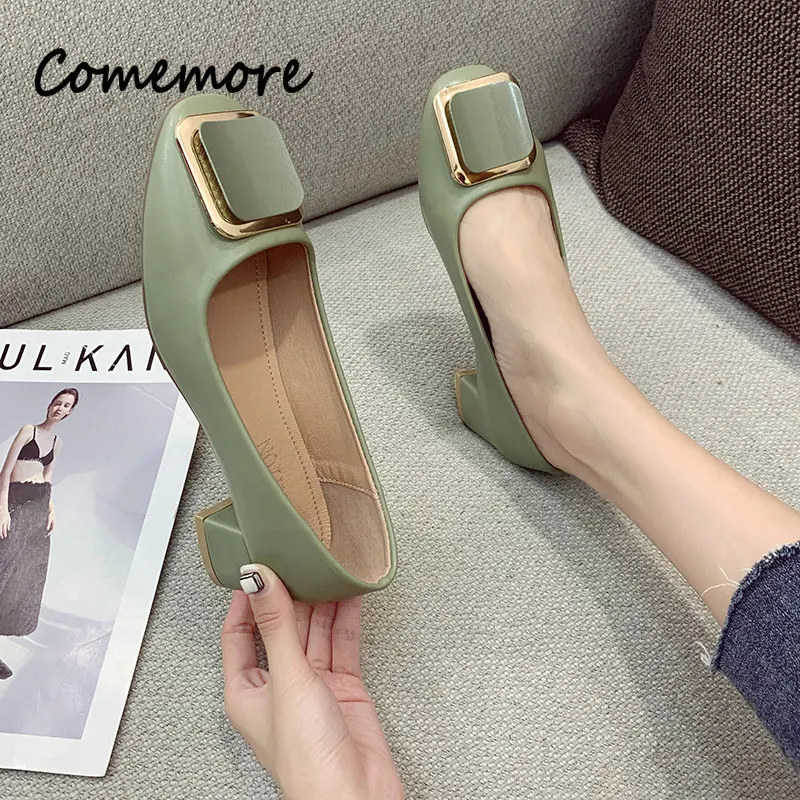 Comemore 2023 Summer New Elegant Medium Heel Women\'s Shoes Square Toe Buckle Slip-On High Heels Women Shoes Soft Leather Pumps