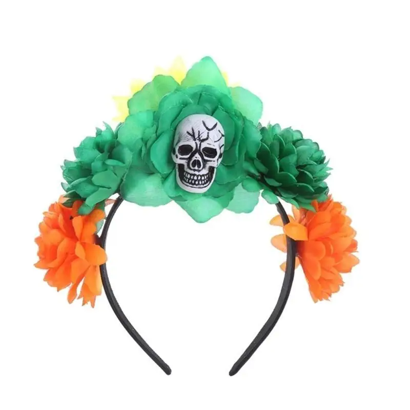 652F Scary Skeleton Headband Costume Cosplay Accessories Skull Headdress with Black Rose Party Wear Gift for Boys Girls