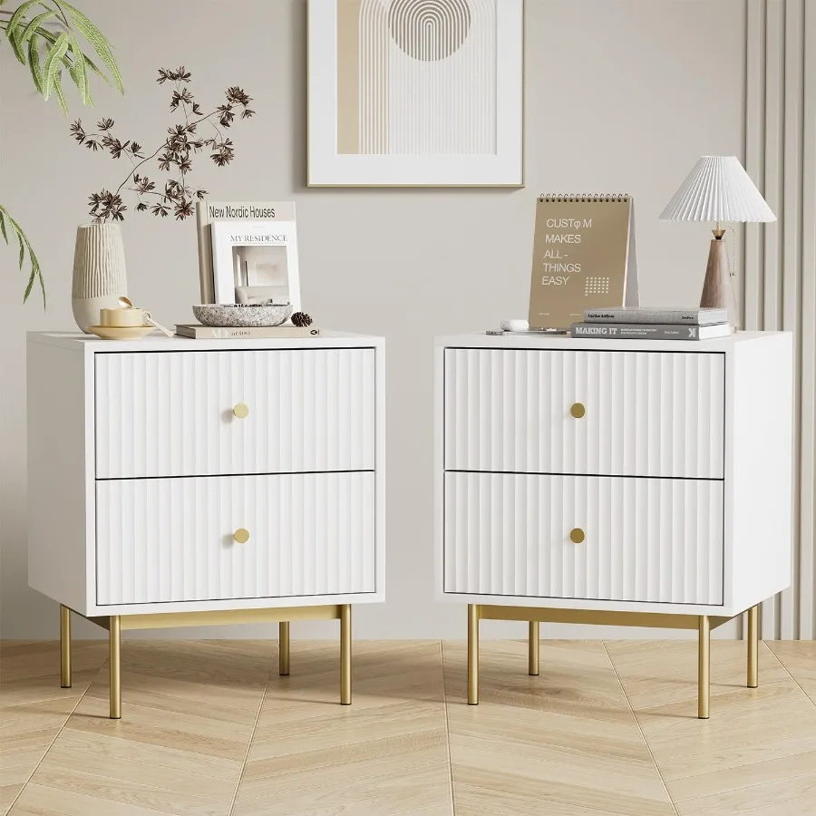 White Nightstand Set of 2 for Bedroom Fluted nightstand with 2 Drawers Modern Storage Bedside Table with Wide Tabletop End Tabl