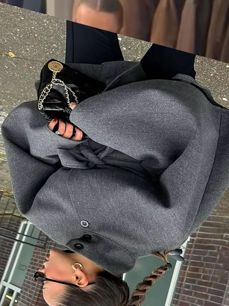 

HH Women Spring Autumn High Collar Cape Style Belt Button Decoration Slim Coat Female High Street Casual Fashion Short Jacket