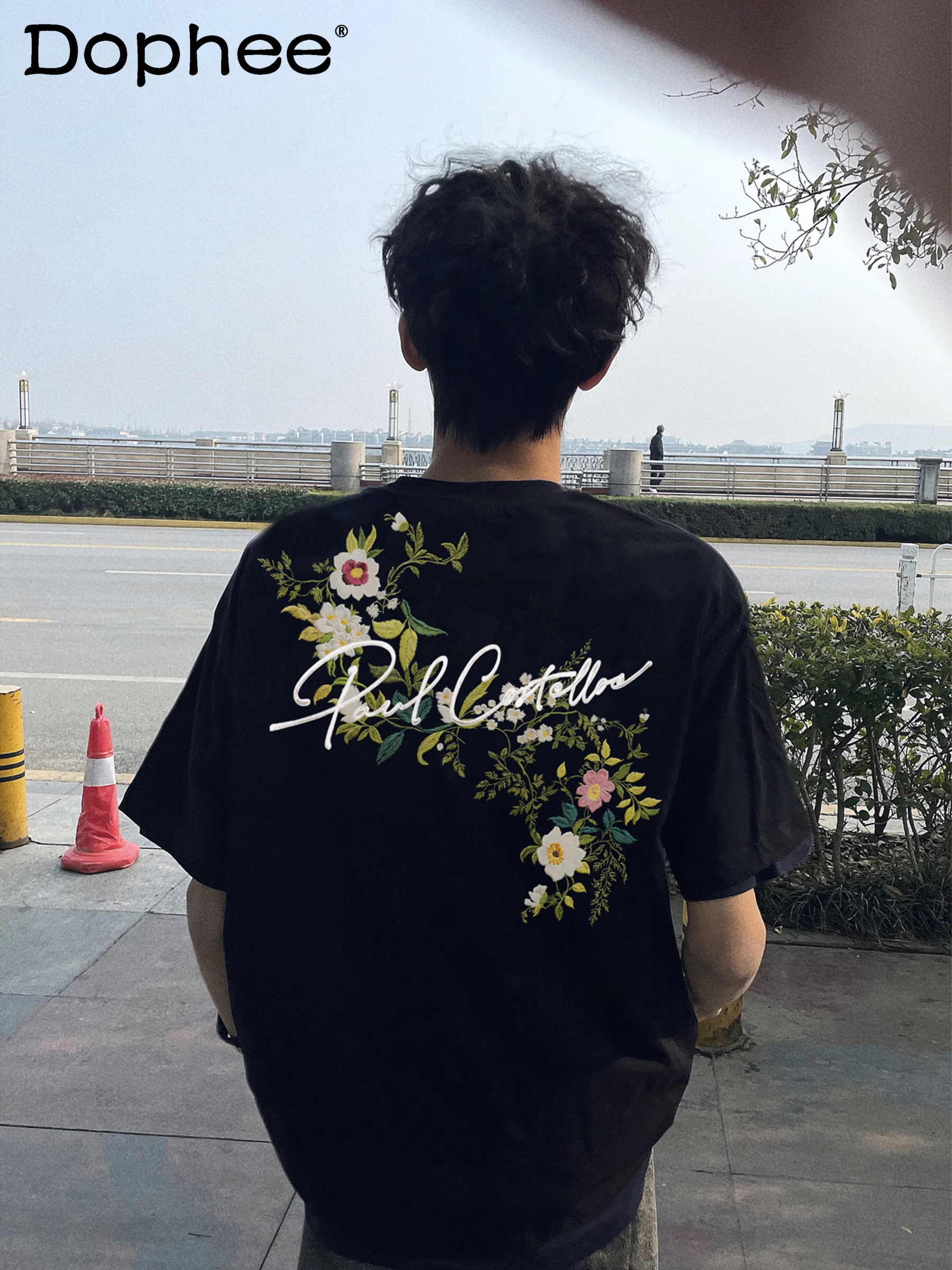 

2025 New Summer National Trend Embroidered Round Neck Short Sleeve T-Shirt Trendy Men's Loose Casual Pure Cotton Half Sleeve Top