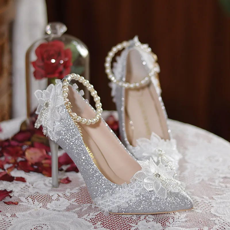 Japanese Sweet Lolita Bright Starry Sky Blue High Heels Flower Wedding Tea Party Pointed Stiletto Wedding Shoes Women Lo Shoes
