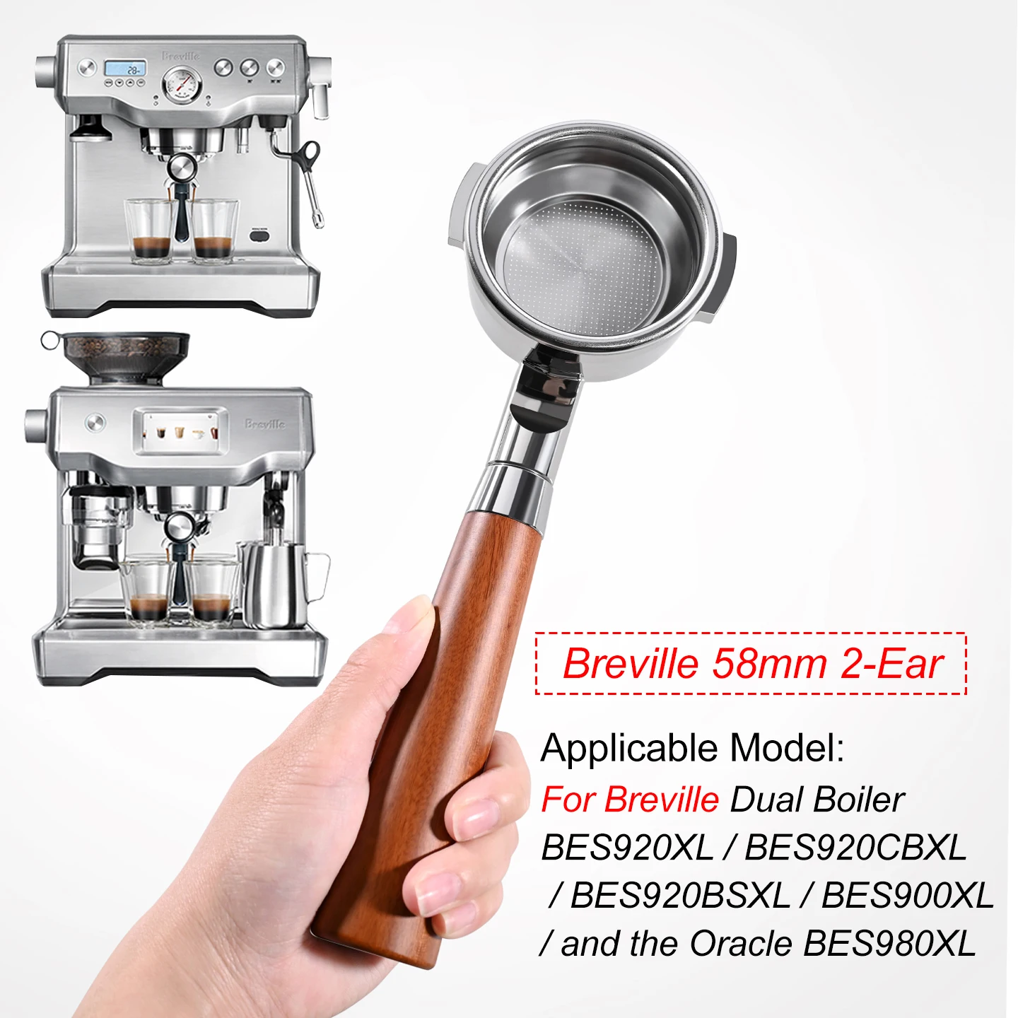 58 mm bodenloser Siebträger für Breville BES920 980 990 mit 2 Tassen Filterkorb Kaffeezubehör Espressomaschine Barista-Werkzeug