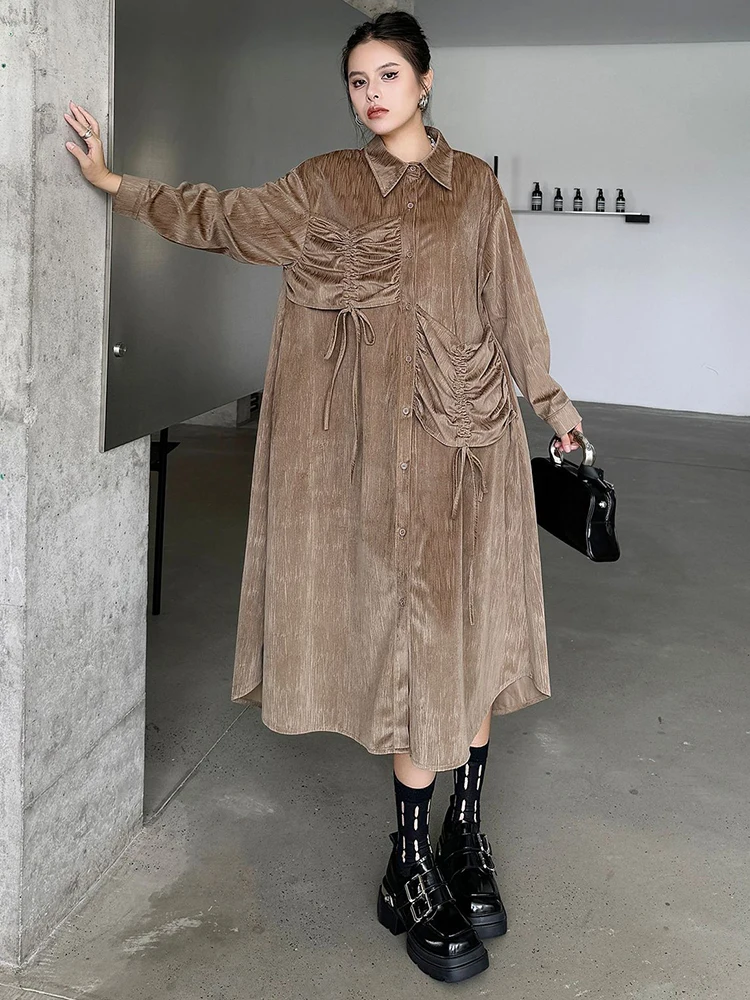 [EAM] Women Khaki Drawstring Irregular Big Size Elegant Midi Dress New Long Sleeve Fashion Tide Spring Autumn 2025 1DH7270