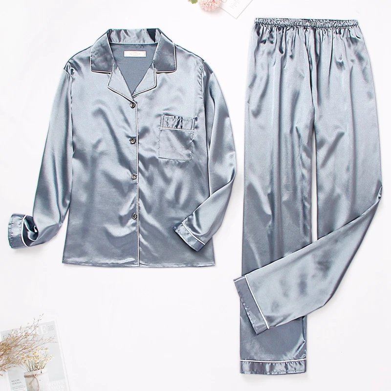 Women Satin Pajamas Cozy Lounge Set Autumn Long Sleeve Buttons Lapel Top & Pants Loungewear 2 Piece Sleepwear Button-Down Pj Set