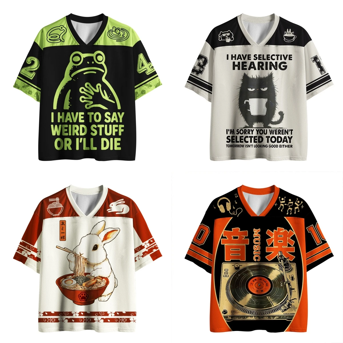 2026 Unisex Funny Meme Animal Mesh Jersey T Shirt, Japanese Cartoon Frog Cat V Neck Short Sleeve Oversized Festival Streetwear