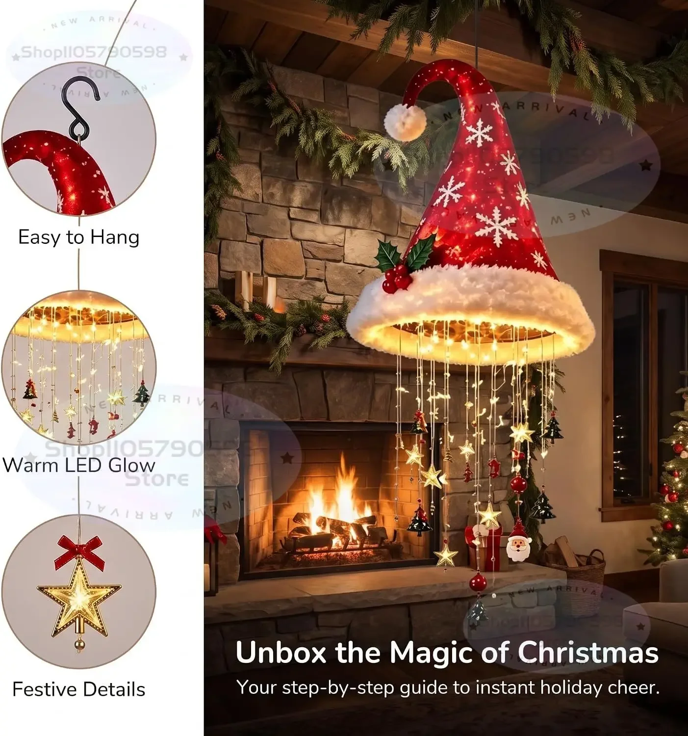 2026 Lighted Santa Hat Hanging Chandelier,3 Styles Warm LED Christmas String Light with Festive Ornaments,Holiday Lighting Decor