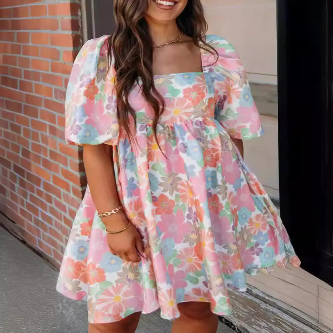 

2024 Cross-border Summer New Women's Floral Print Dress Square Neck Puff Sleeve Princess Dress