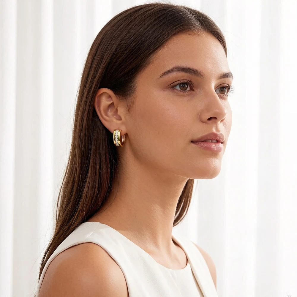 Golden Creole Hinged Hoop Earrings White Stone Europe Style Elegant Fine Jewerly For Women Gift In 925 Sterling Silver