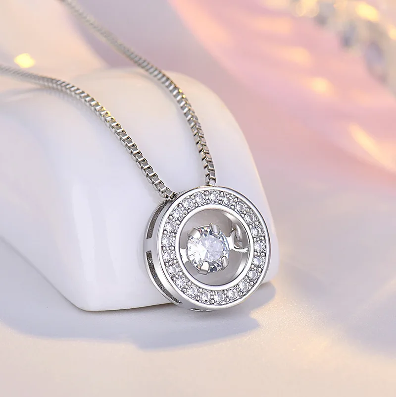 KOFSAC Trendy Dancing Stone Shiny Zircon Simple Round Pendant Lady Jewelry 925 Sterling Silver Necklaces For Women Birthday Gift