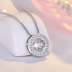 KOFSAC Trendy Dancing Stone Shiny Zircon Simple Round Pendant Lady Jewelry 925 Sterling Silver Necklaces For Women Birthday Gift