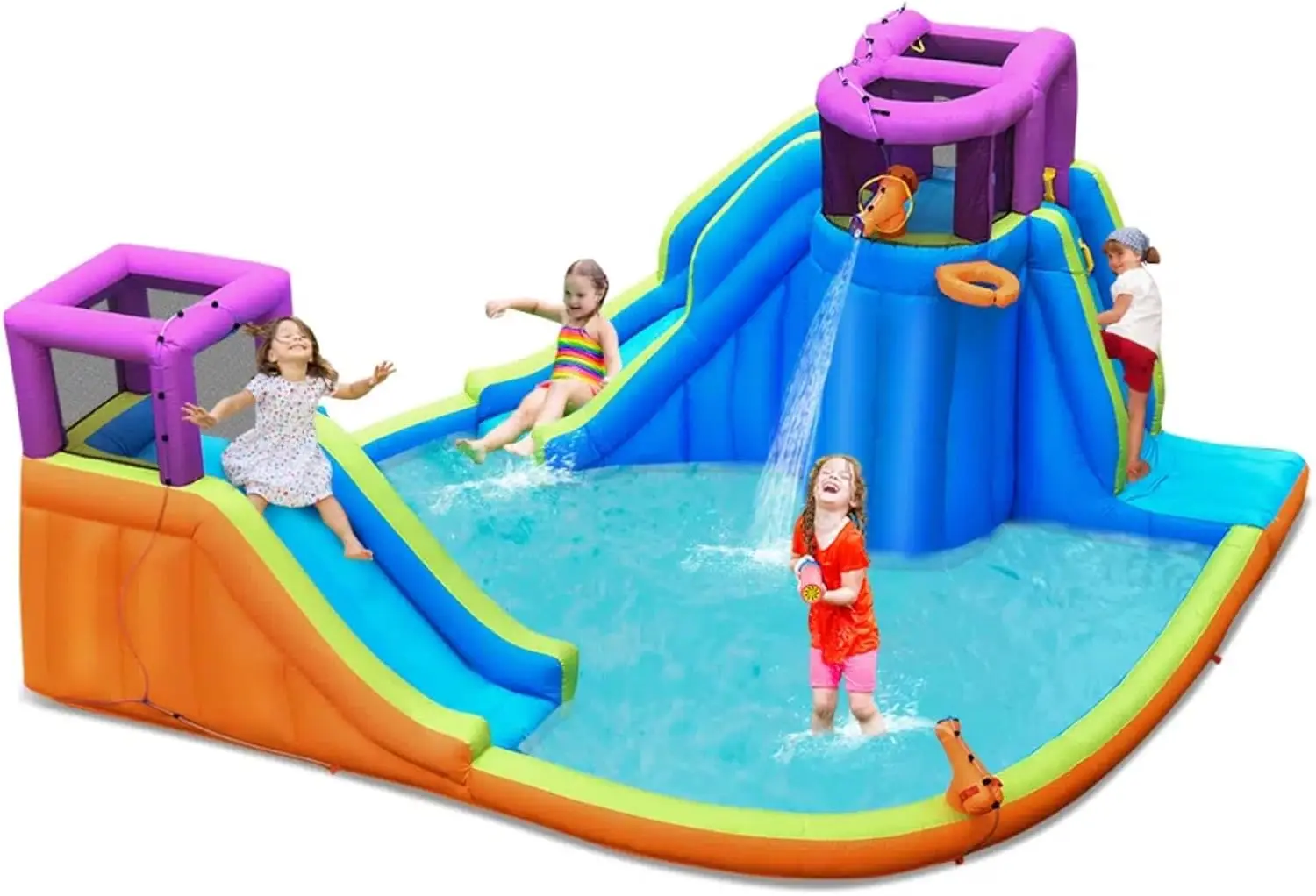 

Kids Inflatable Water Slide Castle, Large Splash and Slide Castle with Climbing Wall and Extended Slide, Splash Pool with Water Blasters, Indoor/Outdoor Blow Up Backyard Water Park (Blower Not Included)