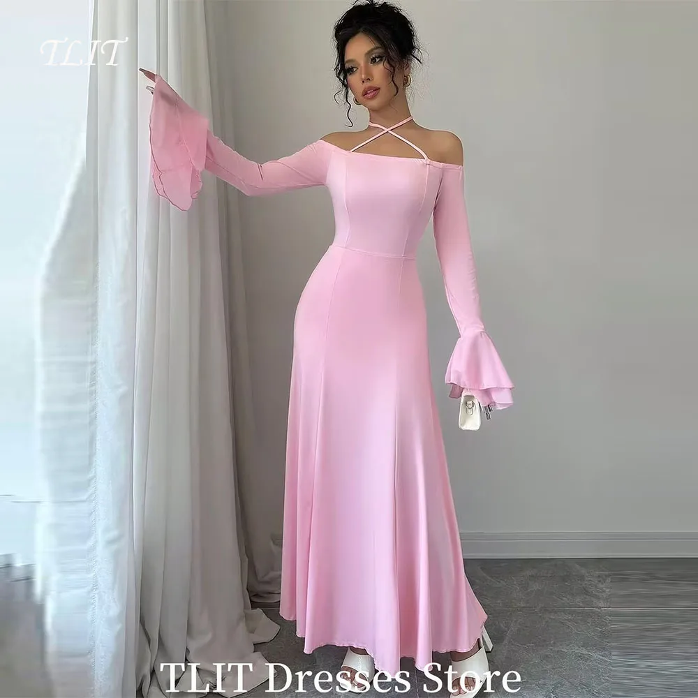 

TLIT Pink A-line Evening Dresses Long Tiered Sleeve Satin vestidos de noche Customized Ankle-Length Halter Prom Gowns
