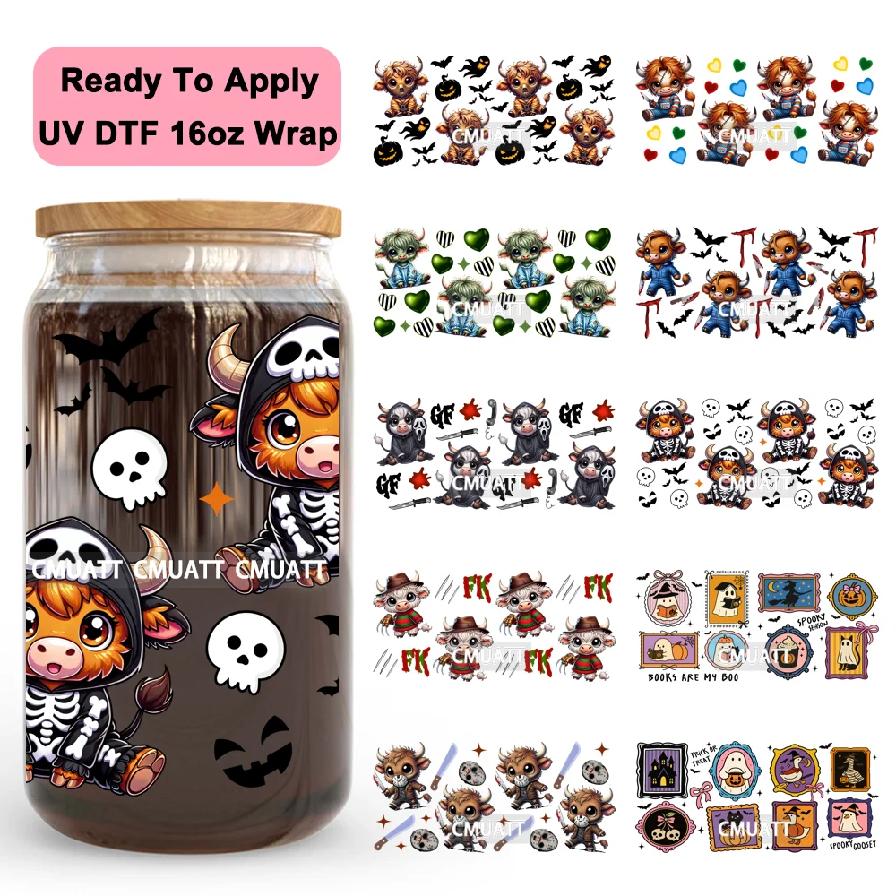 

Spooky Halloween Highland Cow Killers UV DTF Stickers Ready To Apply Cup Wrap Custom Labels DIY Craft For 16OZ Libbey Can Glass