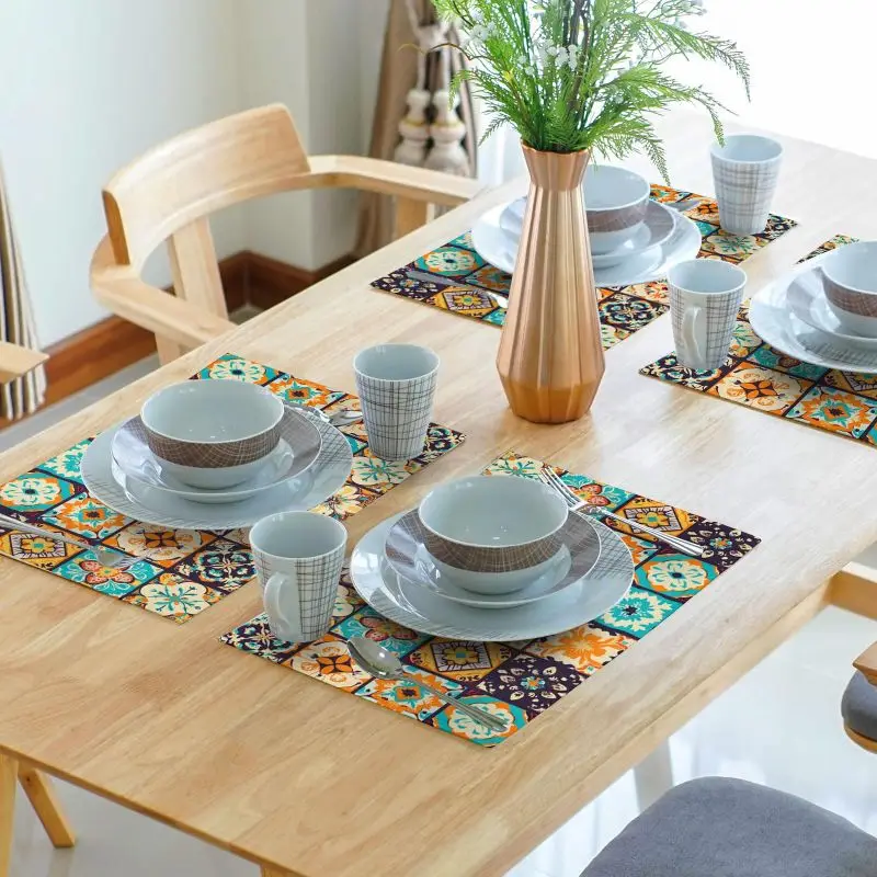 2/4/6PCS Moroccan Retro Placemats Heat Resistant Washable Non Slip Bohemian Mediterranean Dining Kitchen Home Decor