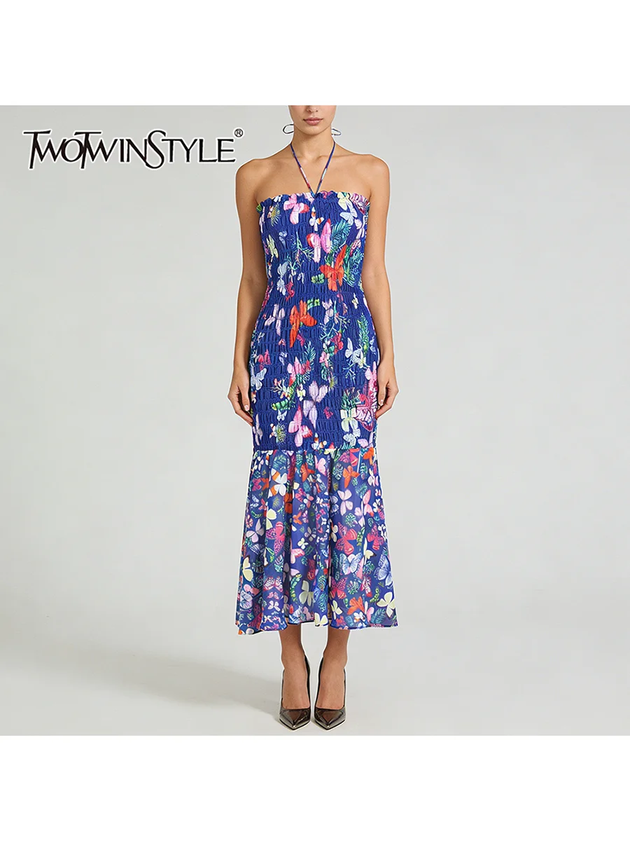 TWOTWINSTYLE Printing Slimming Spliced Folds Elegant Dress for Women Halter Sleeveless High Waist Long Dresses Female Clothing
