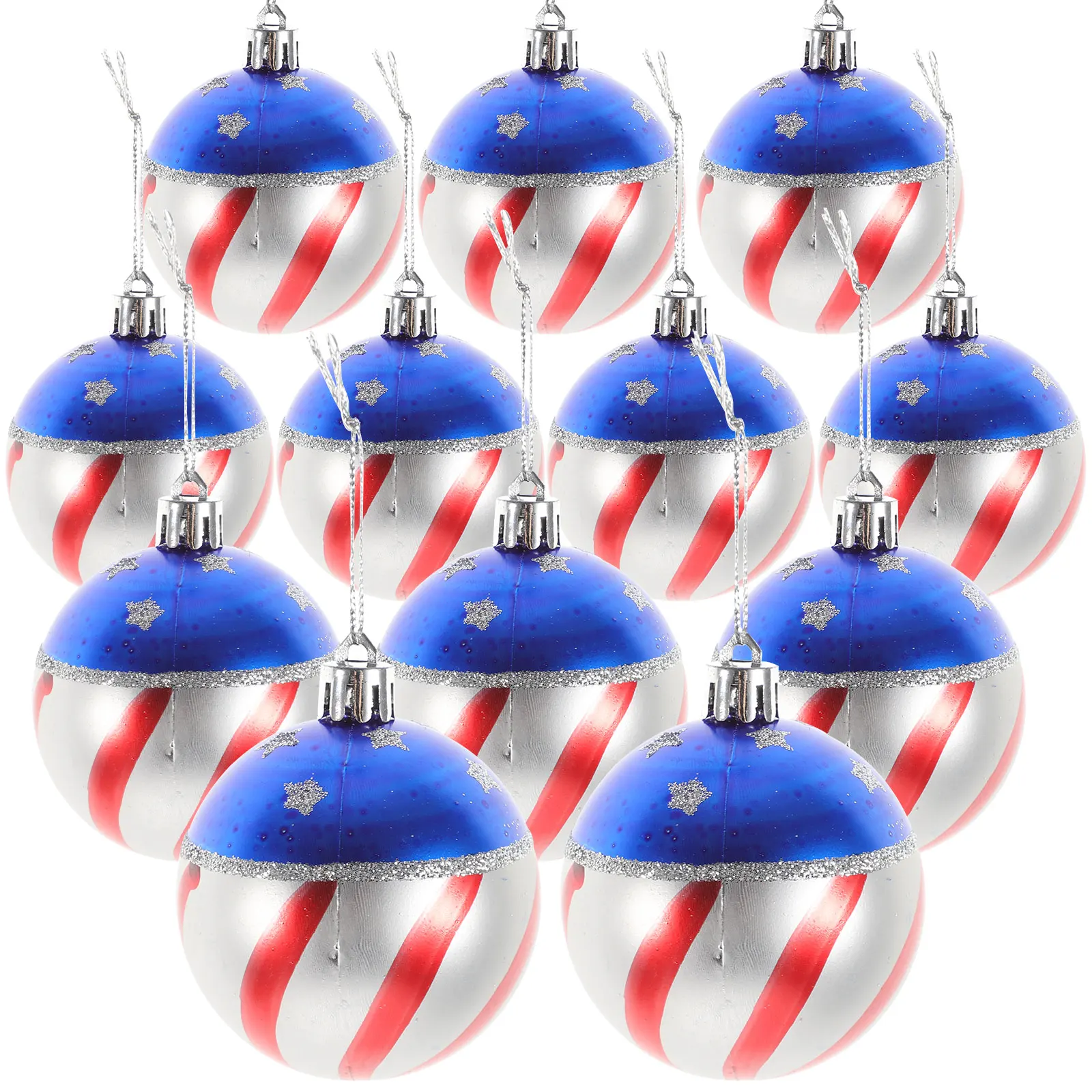 

12pcs Patriotic Plastic Balls Stars Stripes Theme Independence Day Supplies Hanging Decorations 4th July Memorial Day