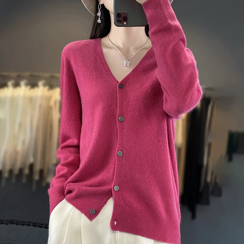 Autumn Winter Women New 100% Merino Wool Sweater V-neck Solid Knitted Cardigan Casual Thick Jacket Loose Soft Knitwear