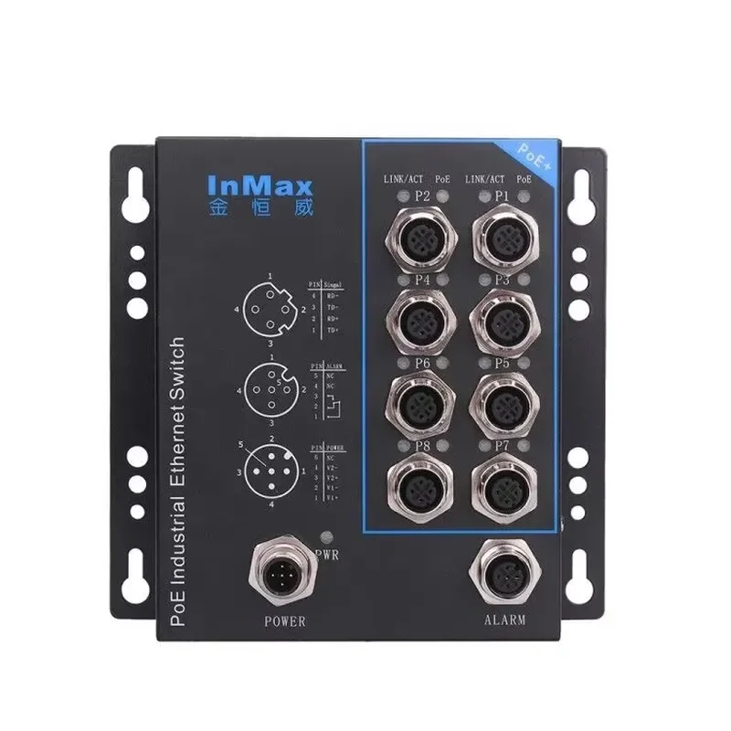 InMax Manufacturer M12 Switch 8 Port D-code Car Security Cameras System Metro Subway Railway Poe 24v Unmanaged PoE Switch