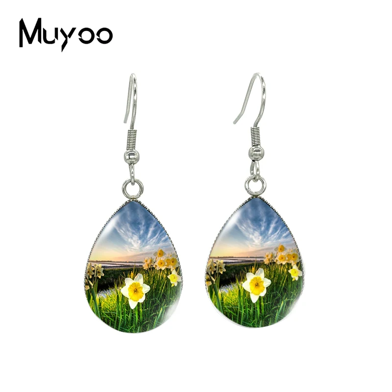 2023 New Beauty of Daffodil Flowers Tear drop Earring Painting Fish hook Earrings Glass Dome Jewelry Handmade Items