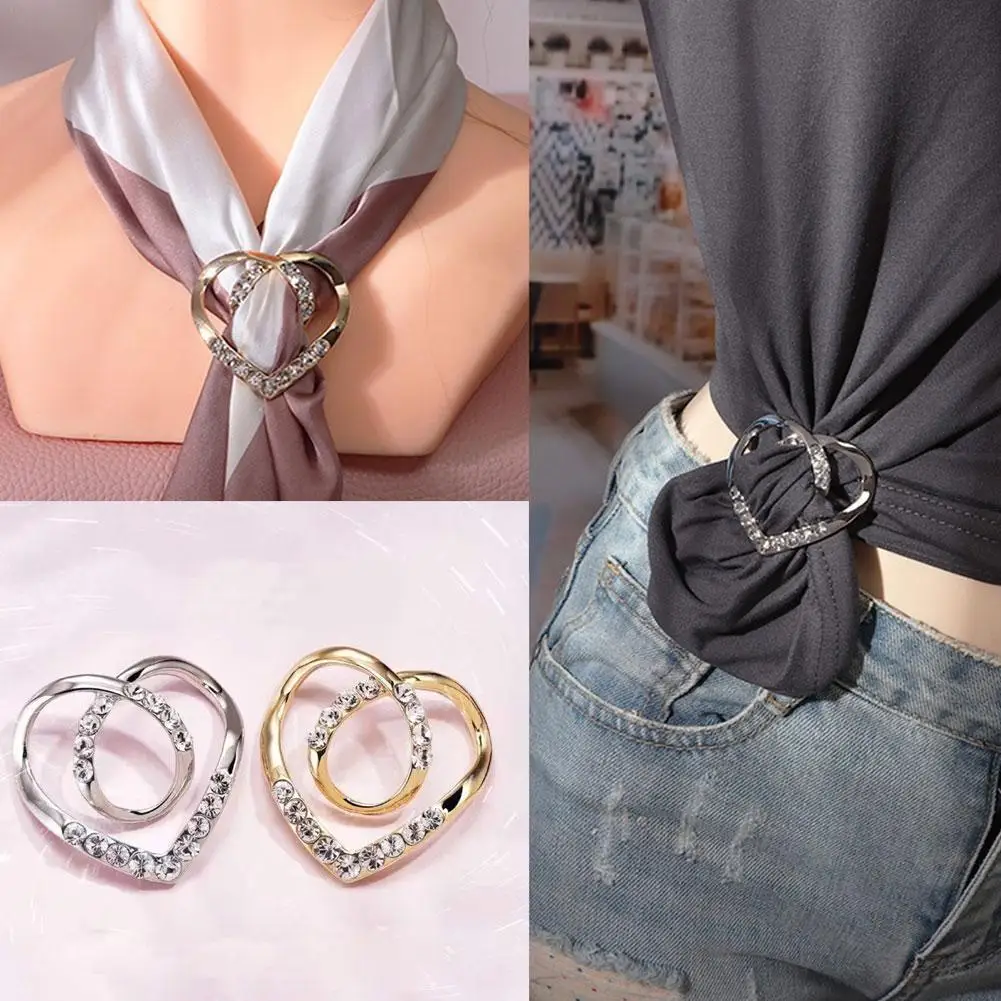 Heart Scarf Brooches Crystal Silk Scarf Buckle Brooch Women Shawl Clip Scarves Fastener Hem Knotted Button Accessories