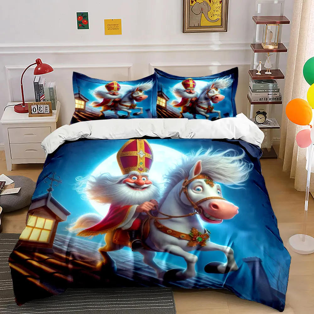Santa Claus riding a lively white horse under the moonlight Print Duvet Cover Bedding Set Included 1*Duvet Cover 2*Pillowcases