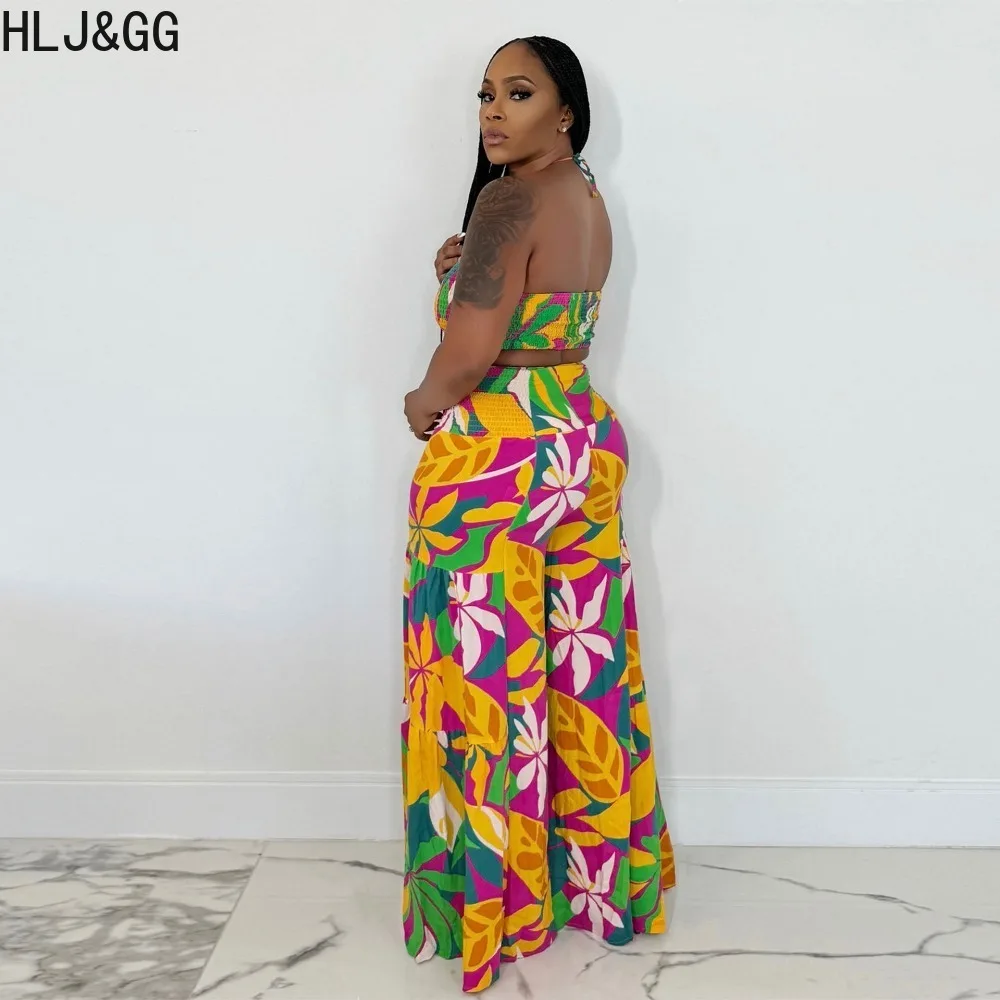 HLJ&GG Retro Pattern Printing Sexy Bandage Hollow Wide Leg Pants Two Piece Sets Women Halter Backless Crop Top And Pants Outfits