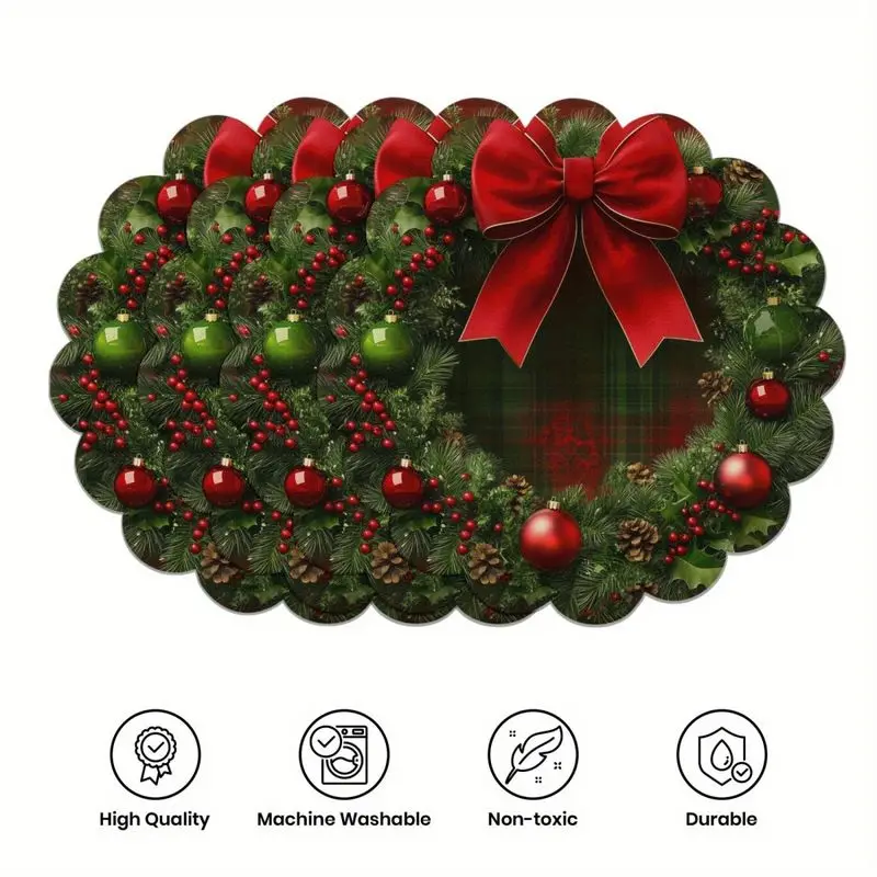 Poinsettia Holly Red Fruit Wreath Christmas Lace Placemat, Wear-Resistant Plate Mat, Home Dining Table Decoration Placemat