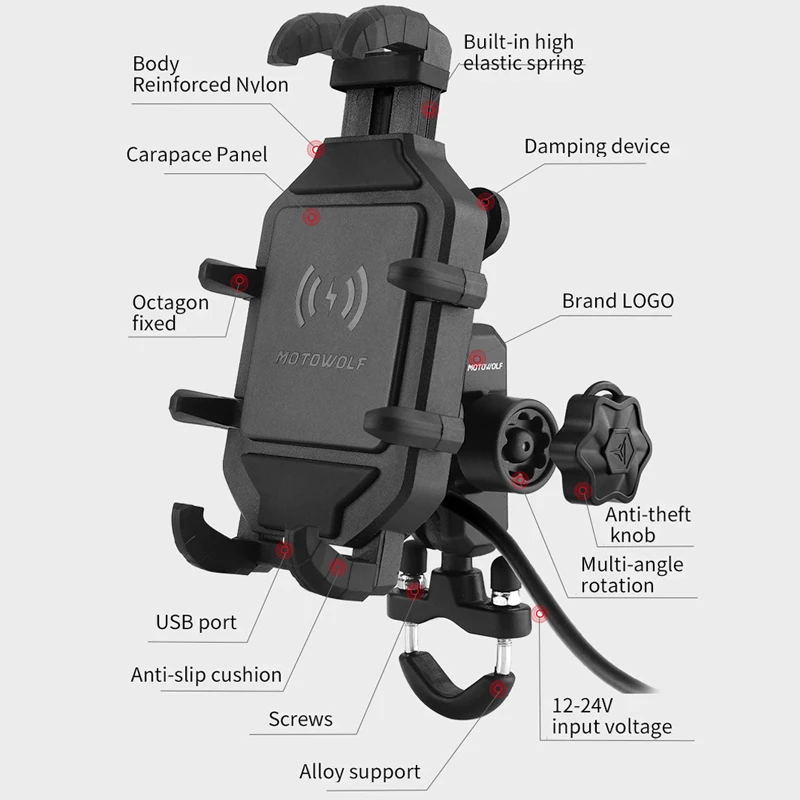 Soporte de teléfono de carga inalámbrica para motocicleta, cargador rápido 3,0, GPS, soporte para motocicleta, soporte para manillar de teléfono móvil para teléfono de 4-7 pulgadas