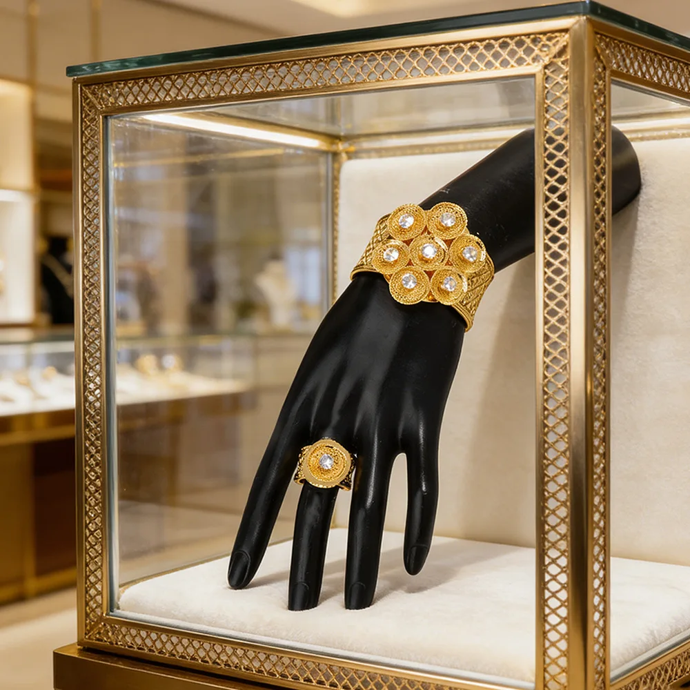 

New EU Dubai Fashion 24K Gold Plated Ring Bracelet Exquisite Engagement Party Jewelry Set for Lovers