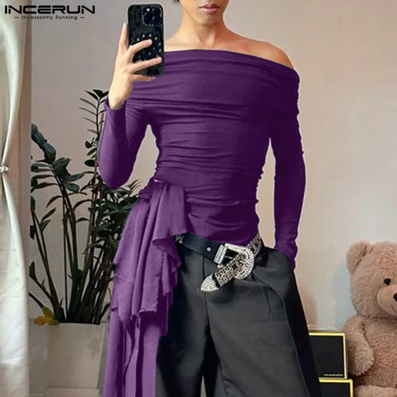 

INCERUN Elegant rregular Hem Knitted T-Shirts Men Solid Color Boat Neck Camiseta Long Sleeve Well Fitting Tops Sexy Male Tees
