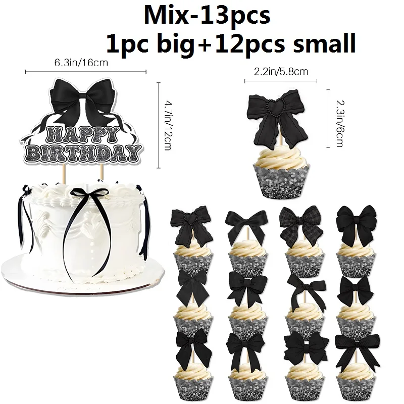 13pcs Black Bow Tie Cake Decoration,Girl\'s Bow Happy Birthday Cake Insert