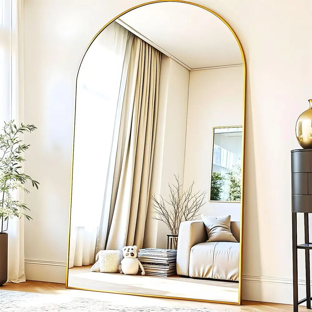 مرآة أرضية كاملة الطول، مرآة قائمة مقوسة كبيرة الحجم مقاس 91 × 46 بوصة باللون الذهبي لغرفة النوم وغرفة المعيشة وغرفة الملابس - أنيقة