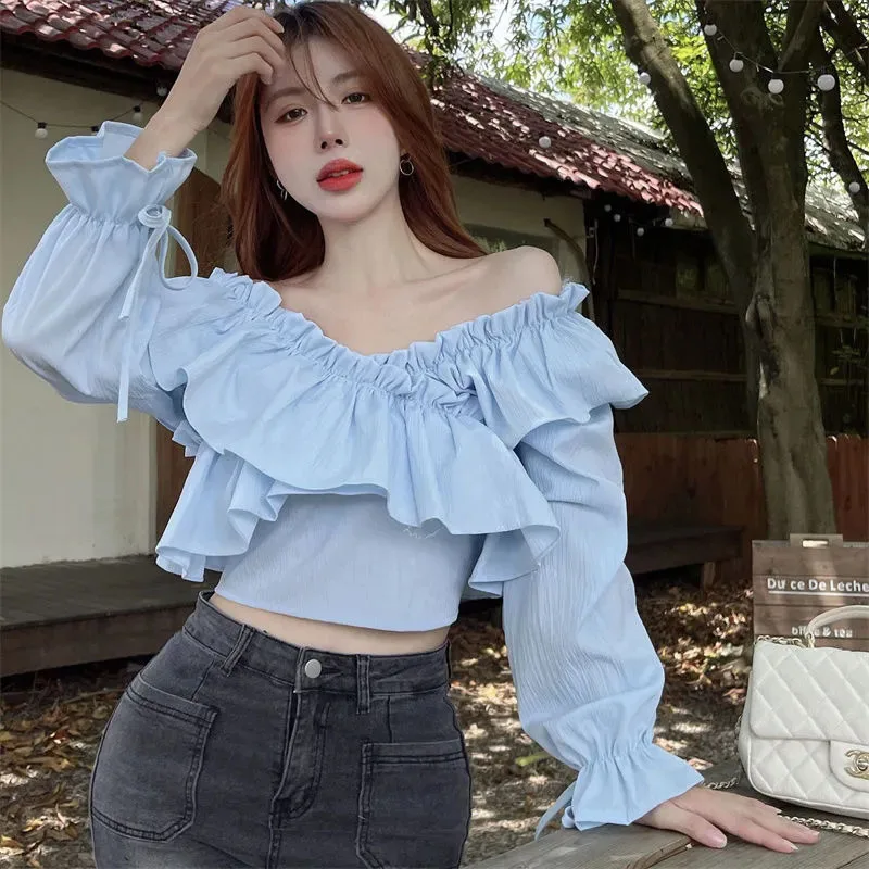 Ruffles Splicing Crop Blouse Women Sexy Off Shoulder Slash Neck Casual Top Y2K Fashion Korean Drawstring Criss Cross Chic Shirt