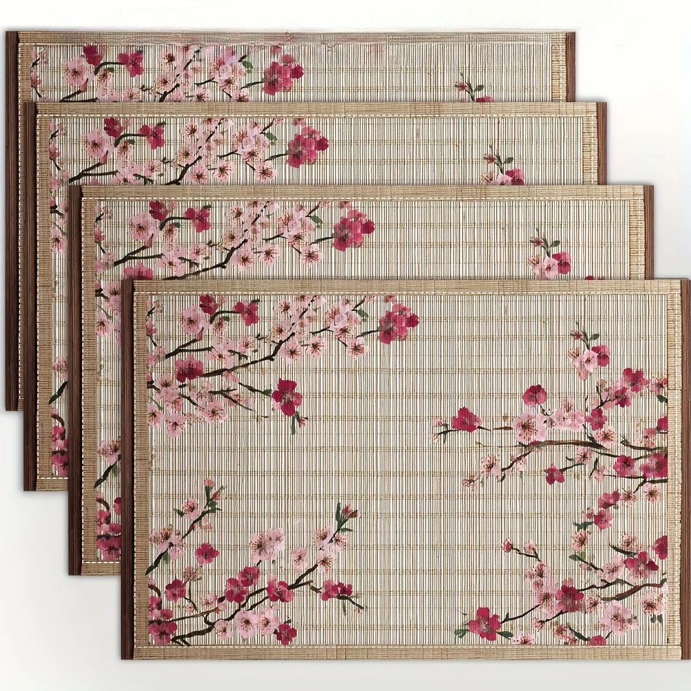 1pcs Japanese-Inspired Sakura Blossoms & Bamboo Placemats |  Square Linen Table Mats with Muted Pink Cherry Blossoms