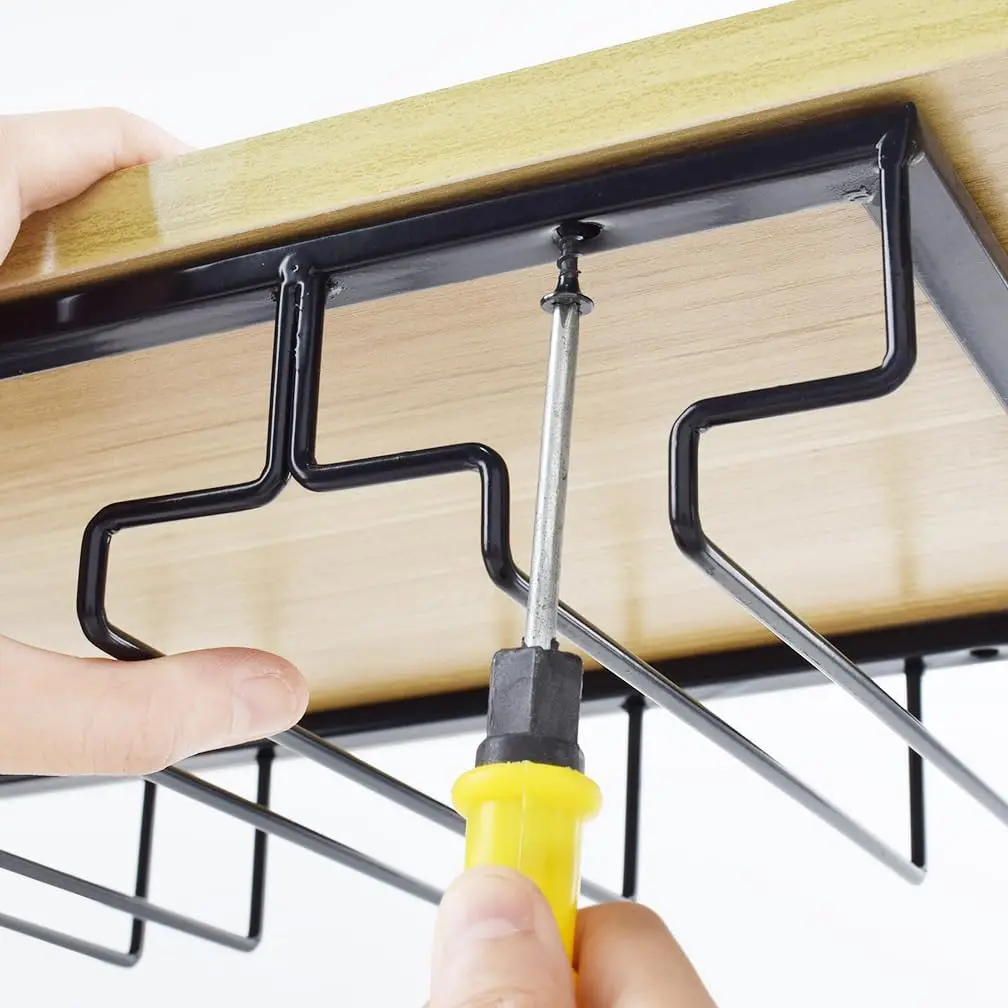 Under Cabinet Stemware Rack, 5-Row Wire Wine Glass Holder for Kitchen Bar Storage (Black, 2 Pack)