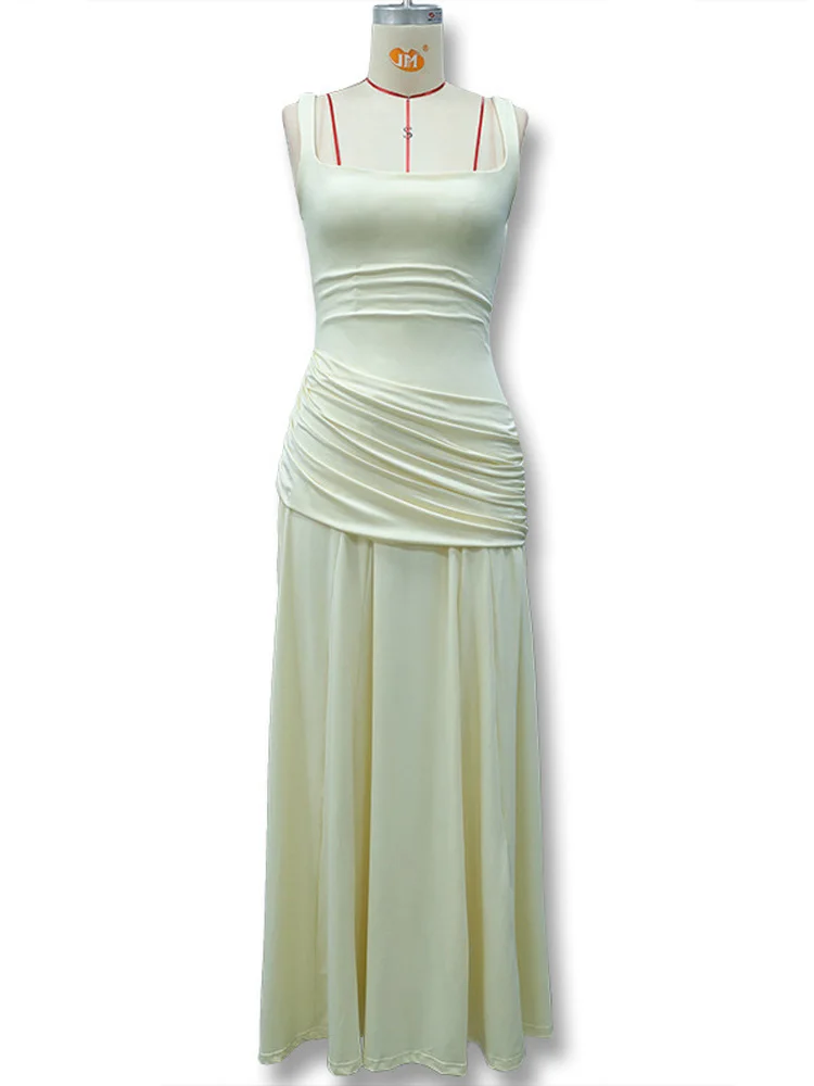 Rückenfreies Taillenschnürendes Slip-Kleid für Damen Sexy Tief Ausgeschnittenes Ärmelloses Plissiertes Schlankes Party-Abendkleid Schickes Damenkleid Neu – Detail 3