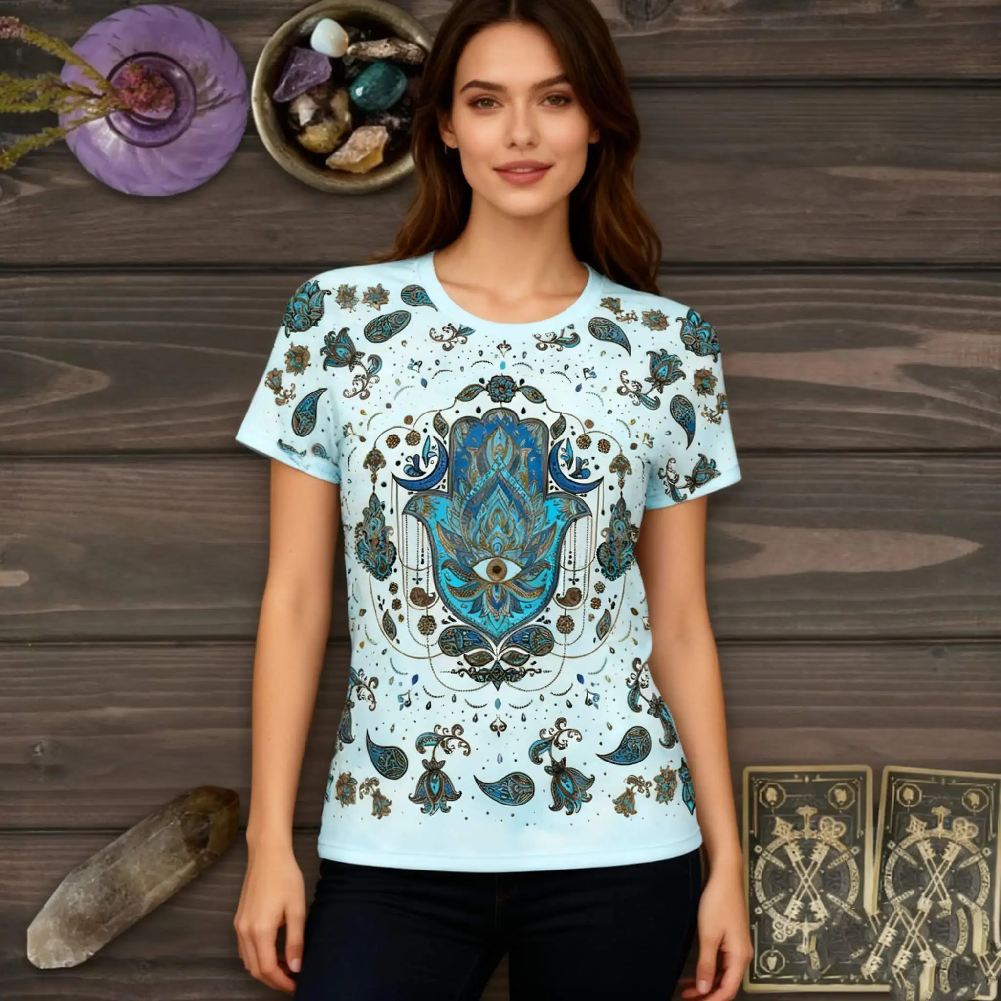 เสื้อยืดลายเรขาคณิตจักรวาลสำหรับผู้หญิง—ลายพิมพ์โหราศาสตร์ลึกลับพร้อมลวดลายดวงจันทร์และดวงดาวสำหรับแฟชั่นโบโฮลึกลับ