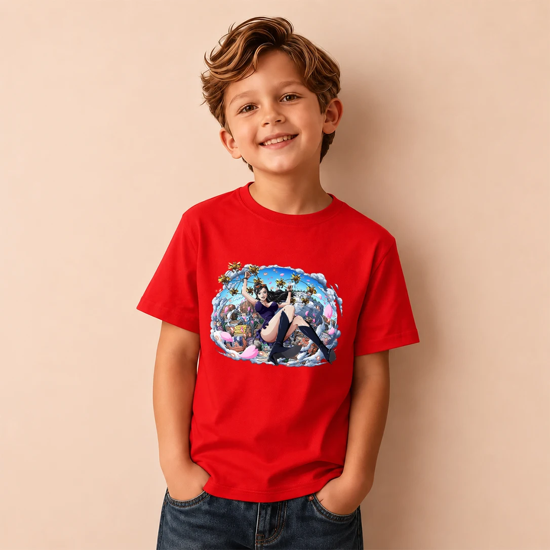 Kids T‑Shirt One Piece Nico Robin Sky Town Scene Print Short Sleeve Casual Tops Boys Girls Anime Children Daily Wear Tees
