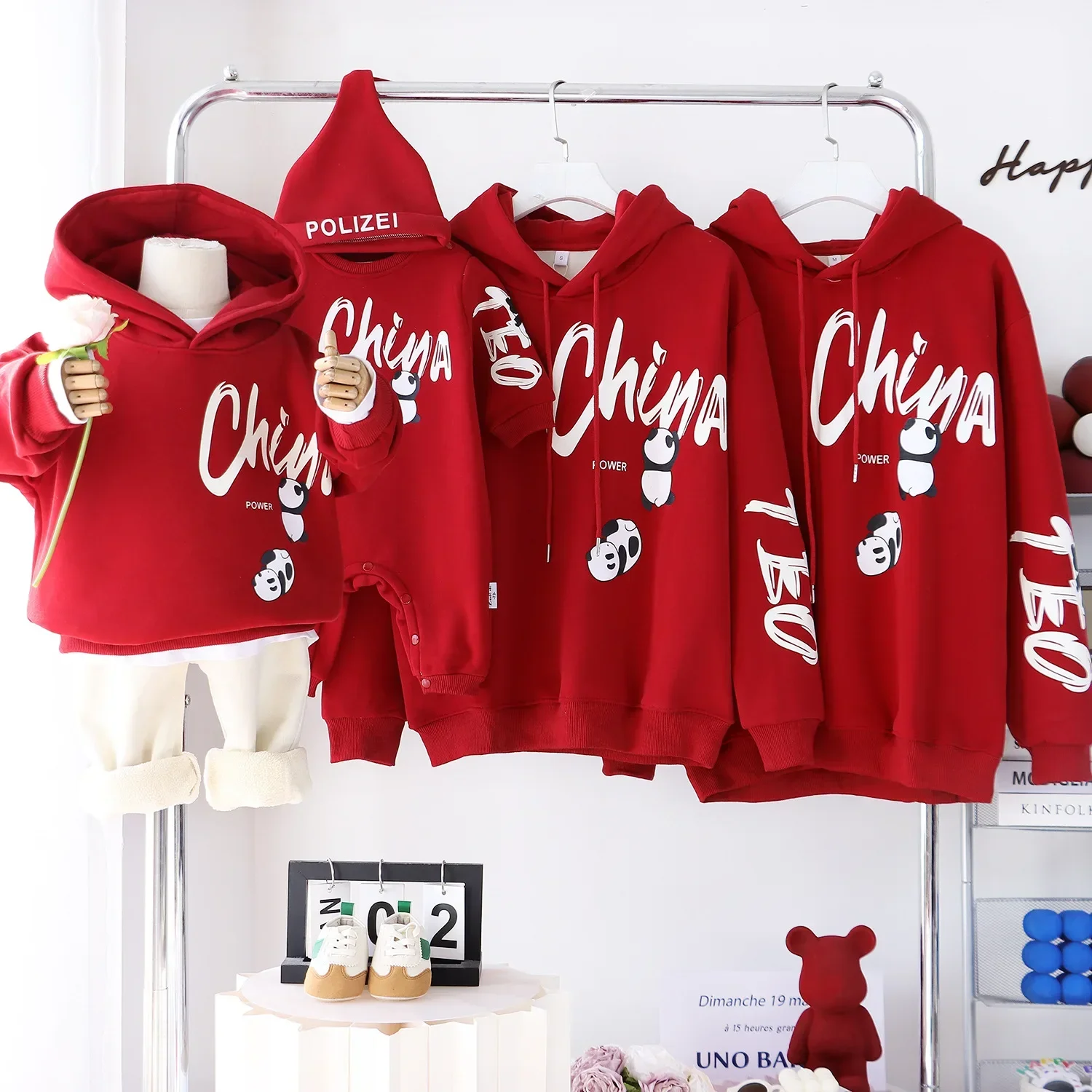 Family Hooded Sweatshirts Parents and Children Chinese Panda Warm Thick Tops Father Mother and Daughter Son Clothes Baby Romper