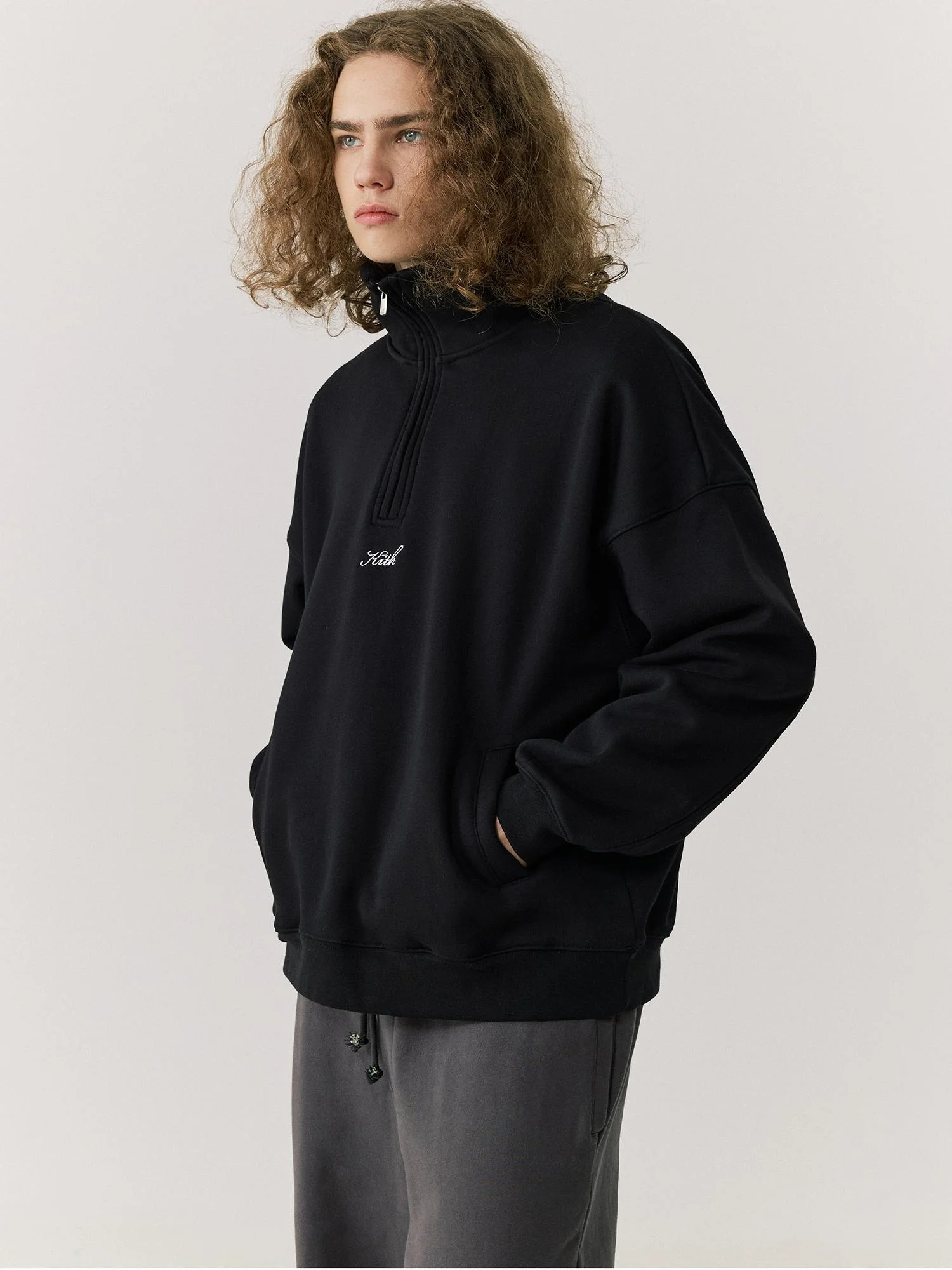 KITH American Style Fleece Lined Hoodie Half Zip Autumn Winter Jacket Unisex Heavyweight Couple Outfit Hooded Sweatshirt