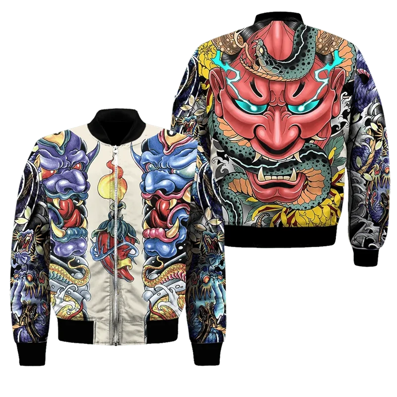 Spring Autumn Mens Bomber Jacket Samurai Oni Mask Tattoo 3D All Over Printed Zip Tracksuits Unisex Casual Zipper Jacket Clothing