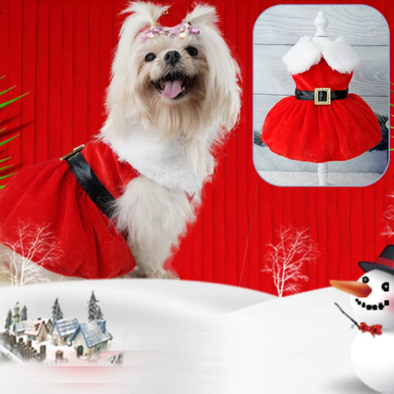 Abrigo de Navidad para perros, ropa para perros, vestido de Navidad, falda roja para mascotas, vestido cálido para gatos, falda con lazo,
